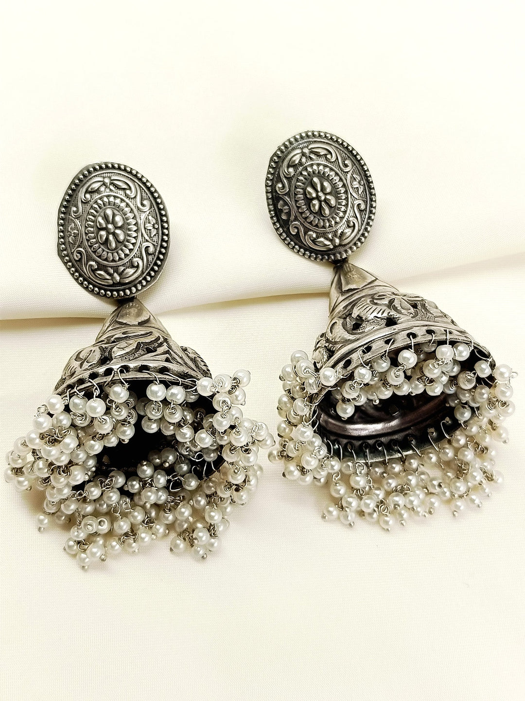 Bhumi White Pearl Oxidized Jhumki