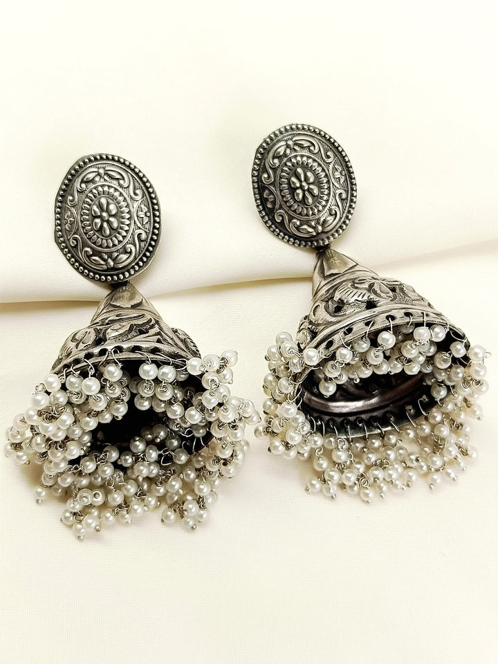 Bhumi White Pearl Oxidized Jhumki