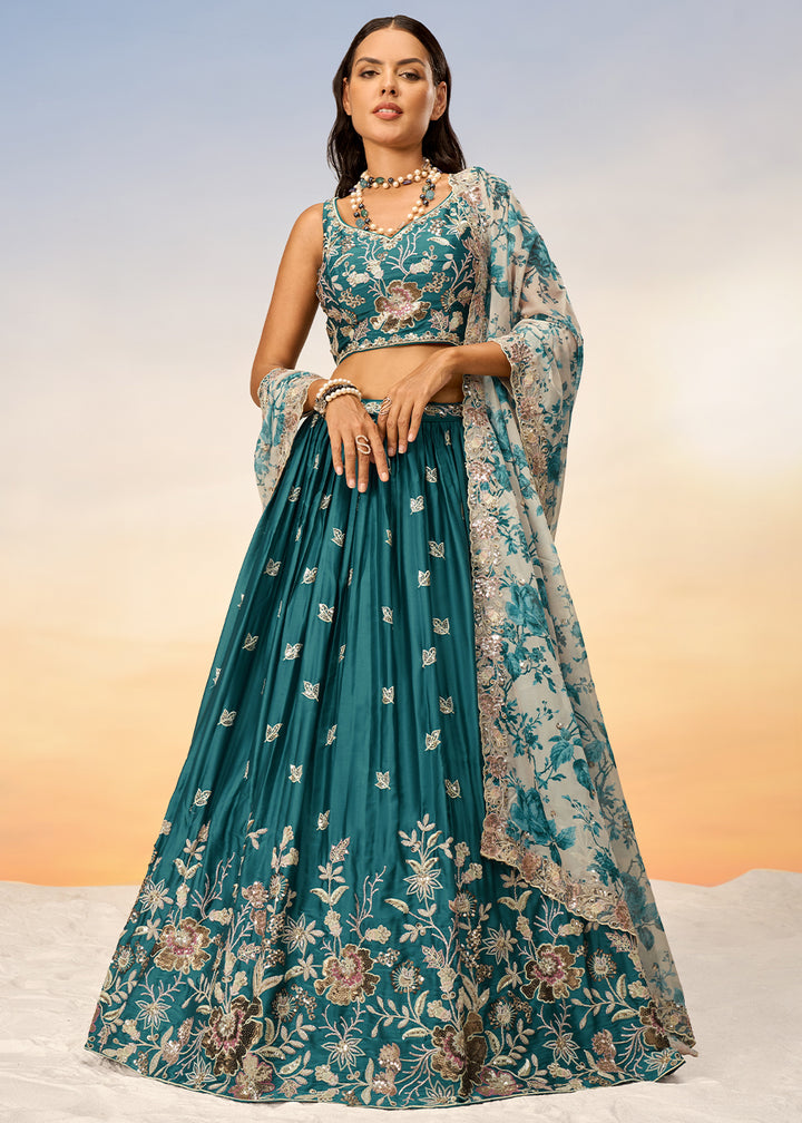 Teal Blue Chiffon Lehenga Choli Adorned with Sequins Embroidery Work