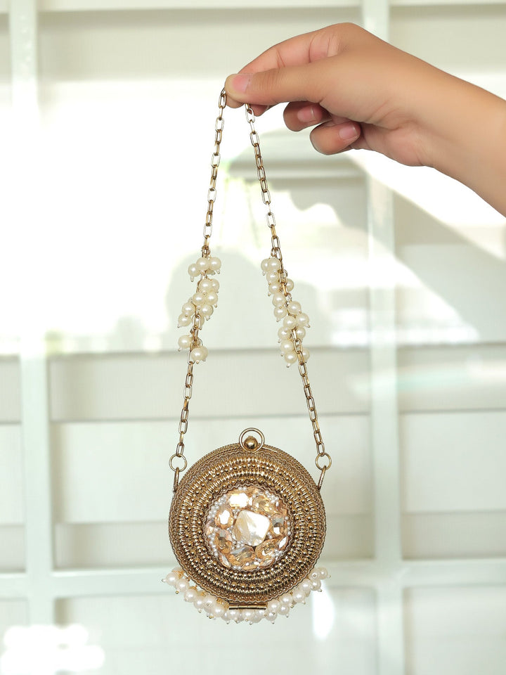 Arshika Golden Mini Metal Clutch - Antique Gold Pearl