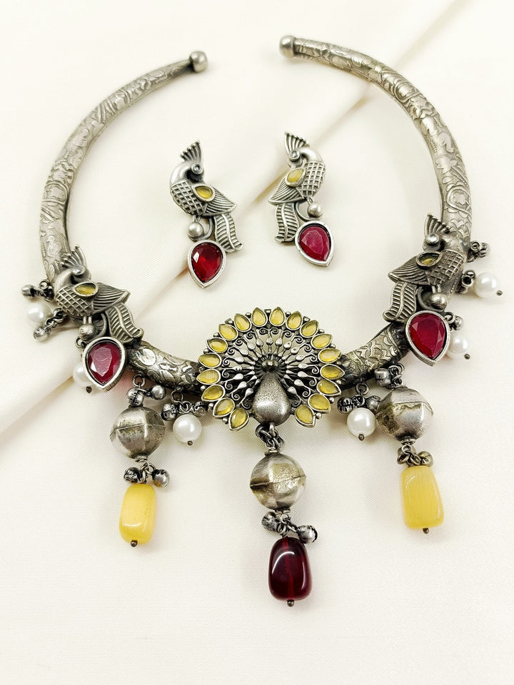 Padmavati Yellow Peacock Oxidized Hasli Style Necklace Set