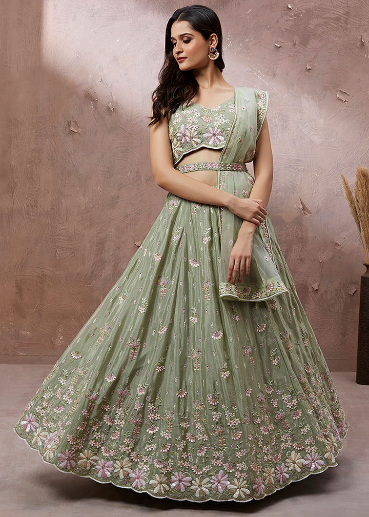 Lime Green Georgette Lehenga Choli Highlighted with Zarkan and Sequins Work