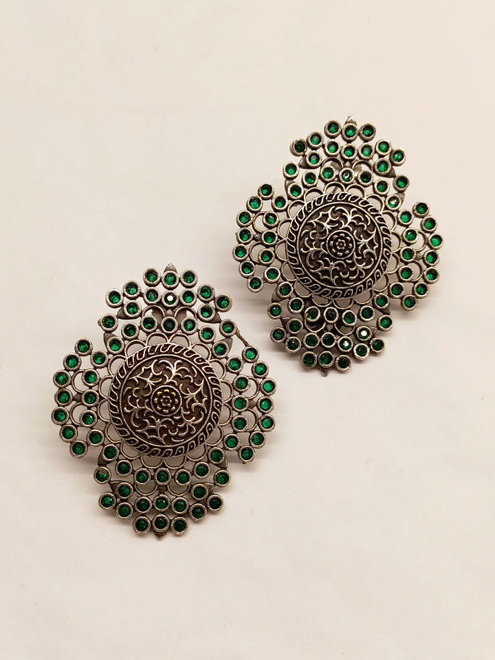 Mehru Big Oxidised Stud Earrings In Green