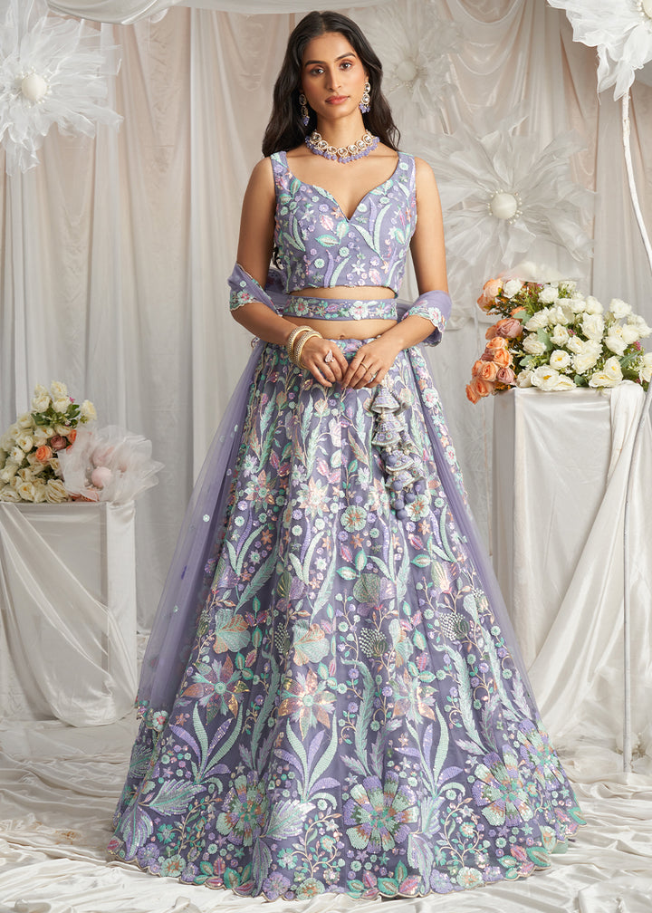 Lavender Purple Net Lehenga Choli Adorned with Sequins Embroidery Work