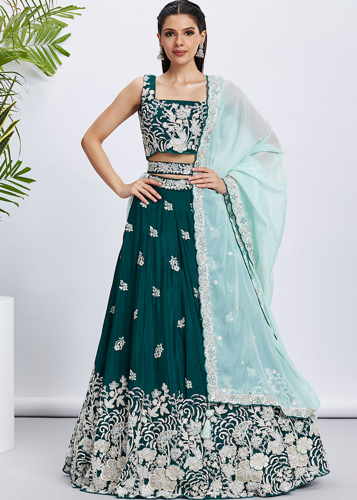 Peacock Blue Green Georgette Lehenga Choli Adorned with Sequins & Thread Embroidery