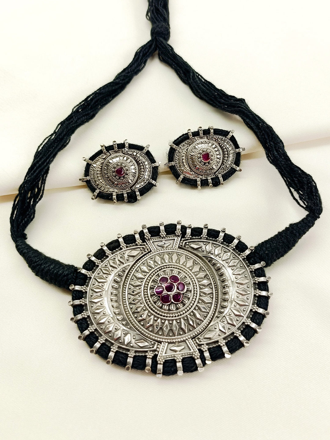 Yogita Ruby Oxidized Choker Set - Silver Plating Necklace