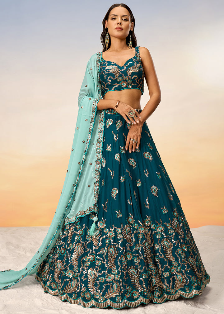 Teal Blue Georgette Lehenga Choli Adorned with Sequins Embroidery