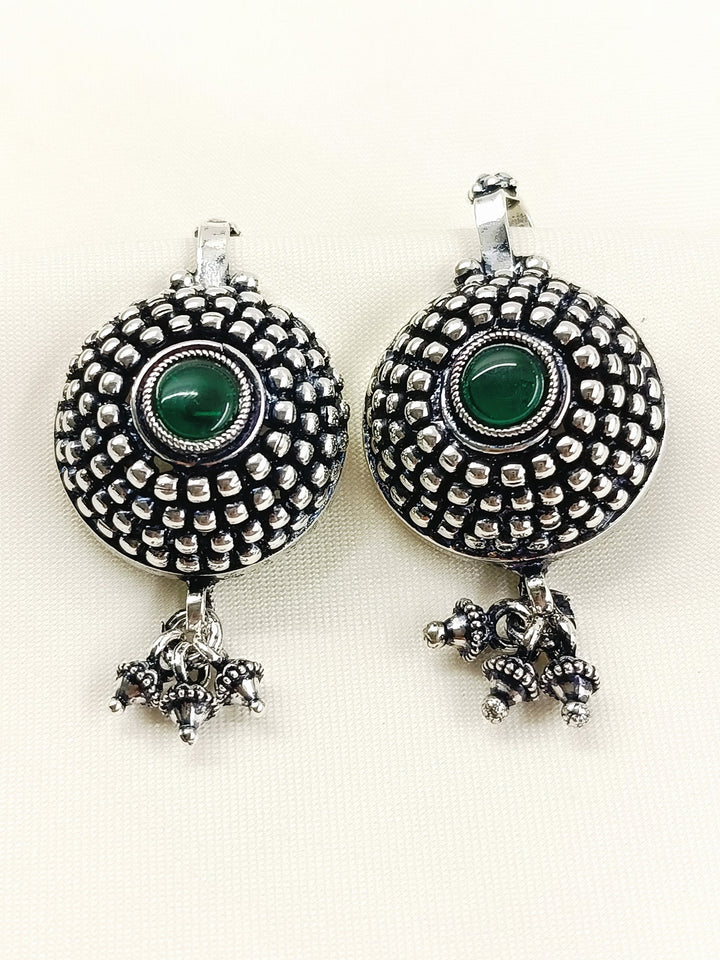 Gypsy Oxidized Tribal Sunburst Ear Cuff with Green Stone & Ghungroo