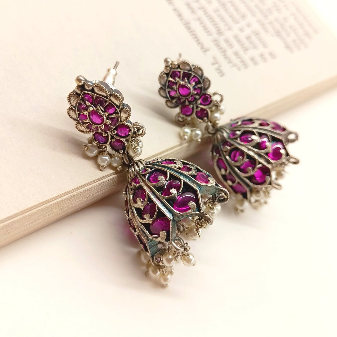 Manjari Silver Oxidised Ruby Jhumka