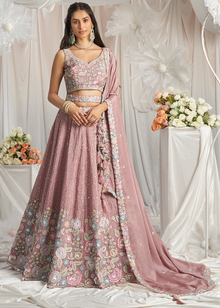 Rose Gold Pink Chiffon Lehenga Choli Adorned with Sequins & Thread Embroidery