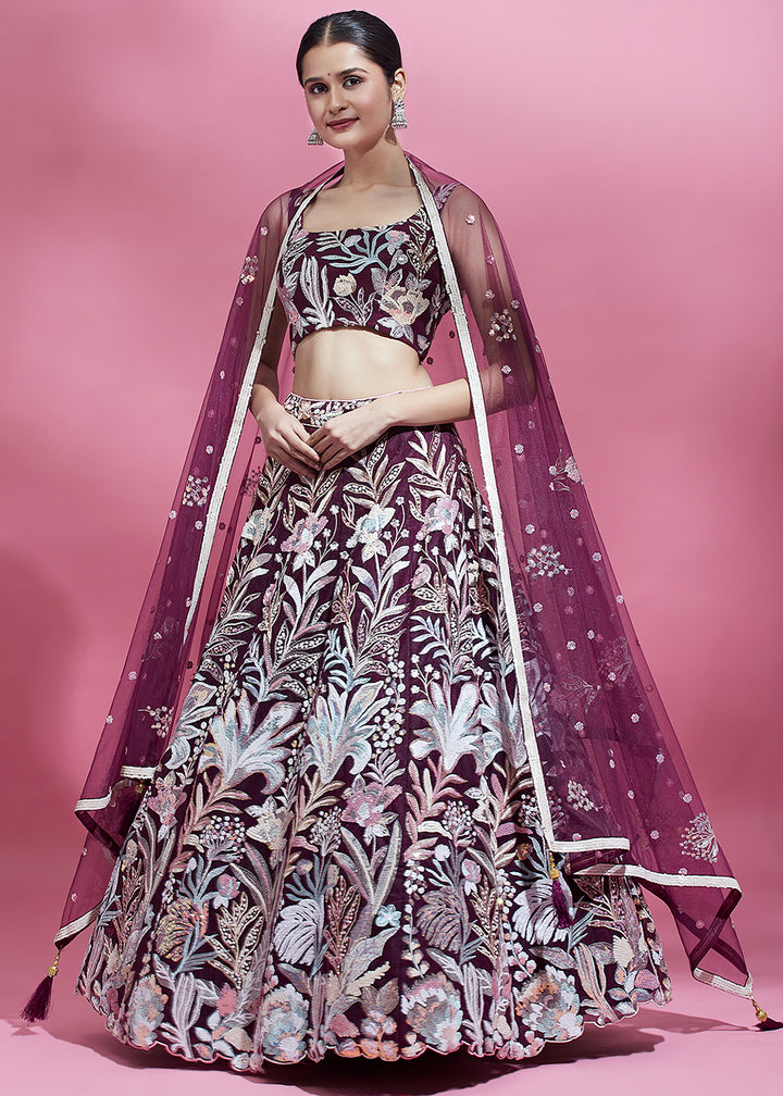 Byzantine Purple Net Lehenga Choli Adorned with Thread Embroidery and Sequins