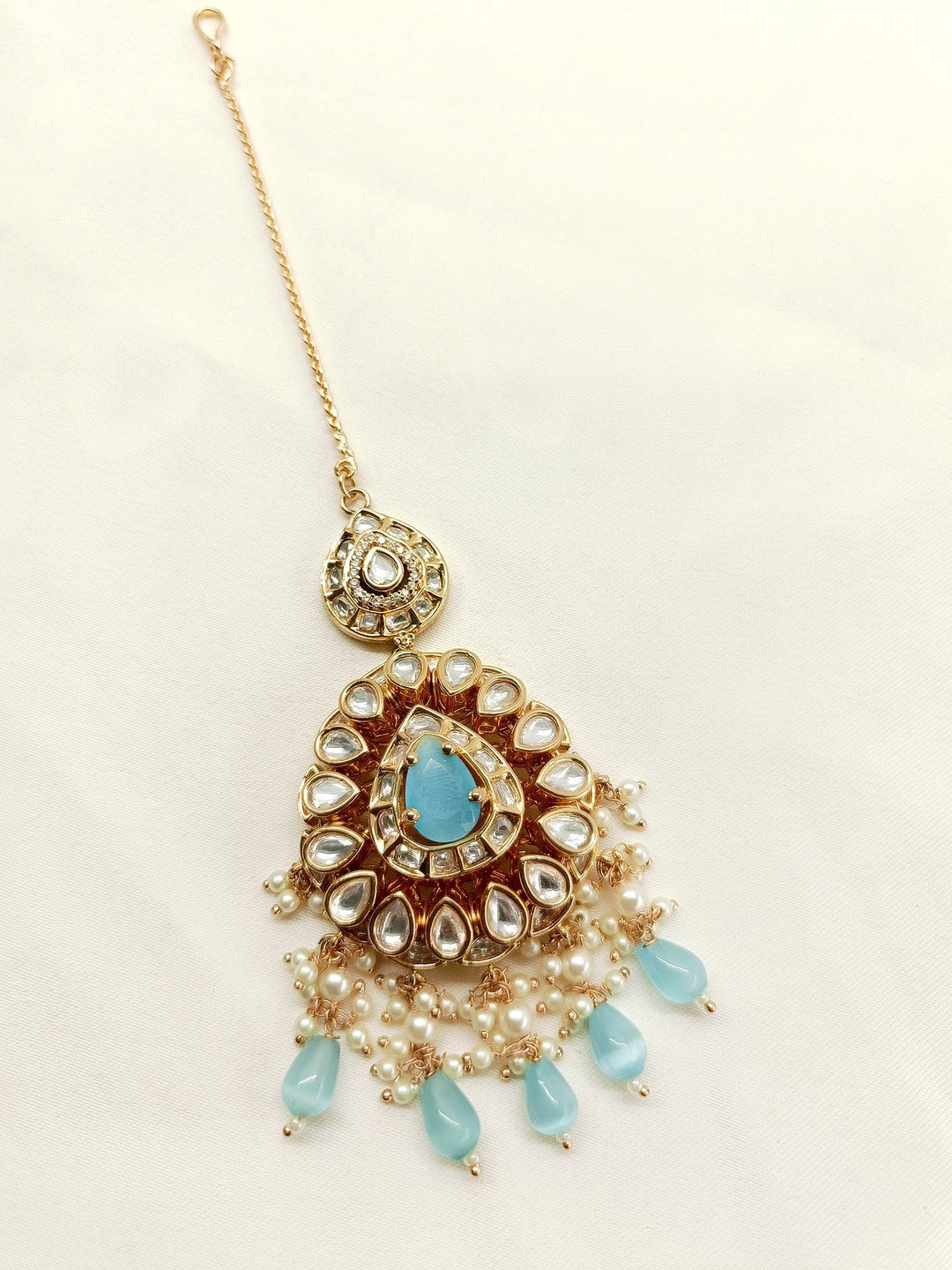 Zehreena Sky Blue Gold Plated Kundan Teeka