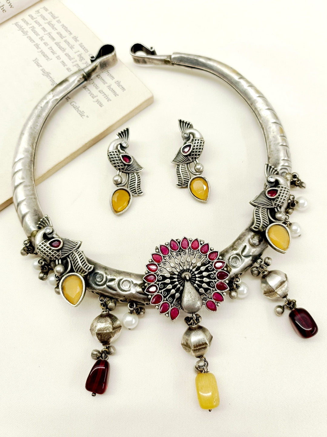 Aamiha Yellow German Silver Oxidized Hasli Set