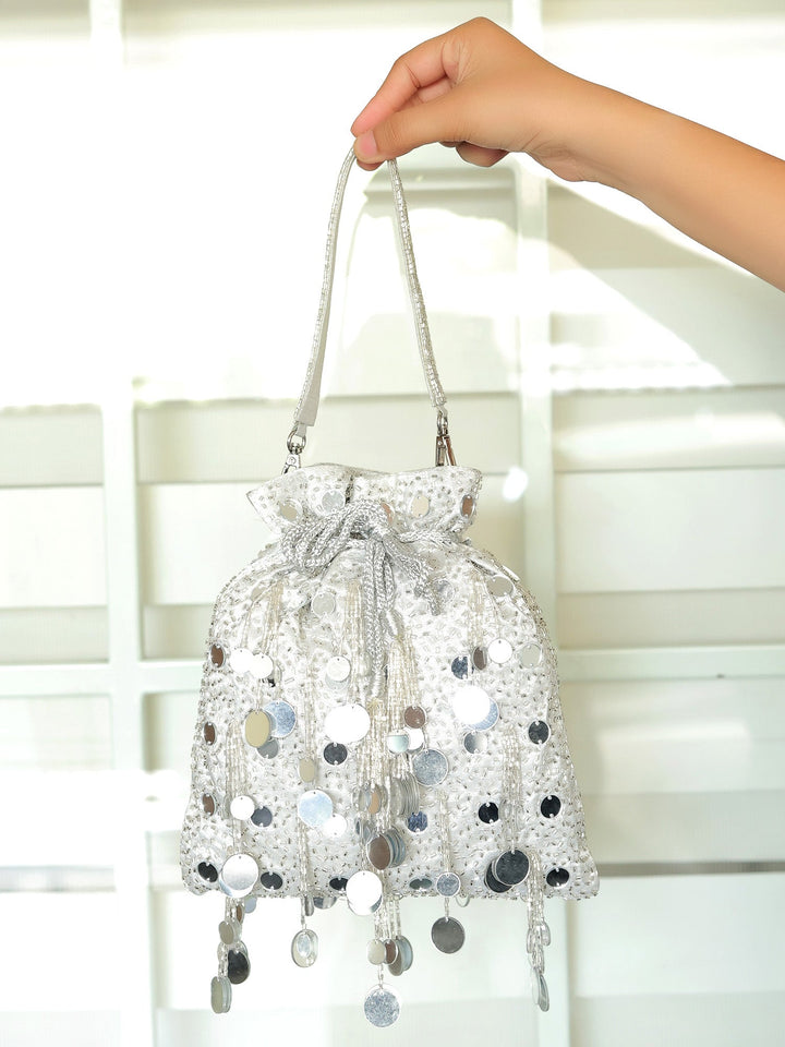 Agnes Silver Potli Bag - Mirror Work For Weddings