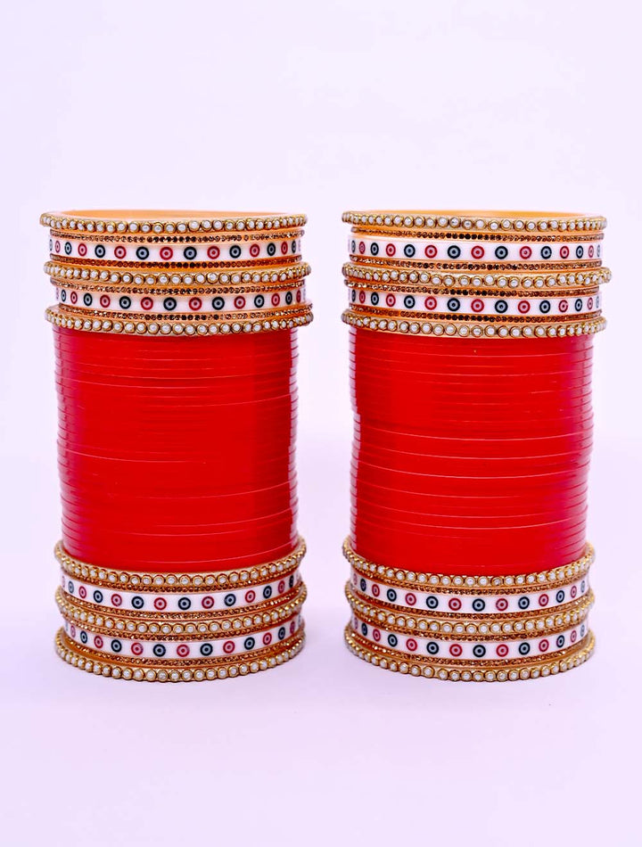 Lavanya Traditional Red Chura With Pearl Bangles And White Meenakari Bangle