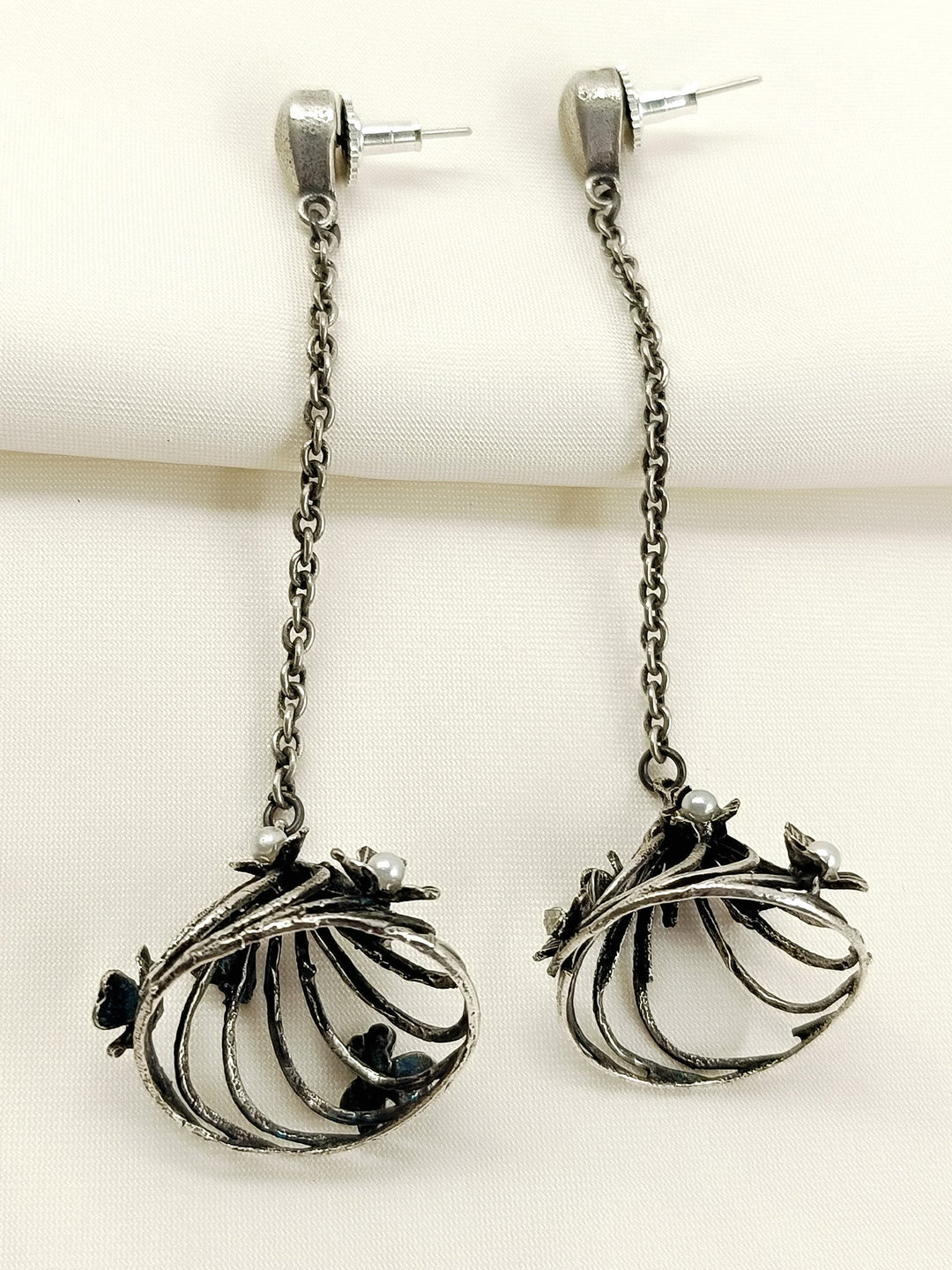 Monalisa White Pearl Oxidized Jhumki - Silver Dangler