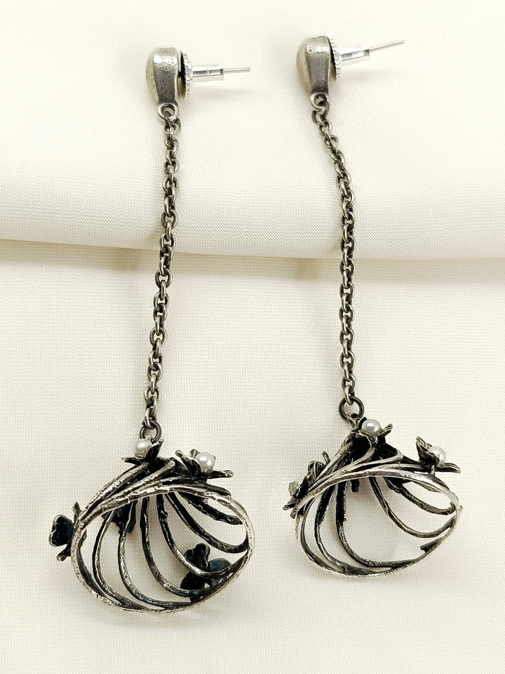 Monalisa White Pearl Oxidized Jhumki - Silver Dangler