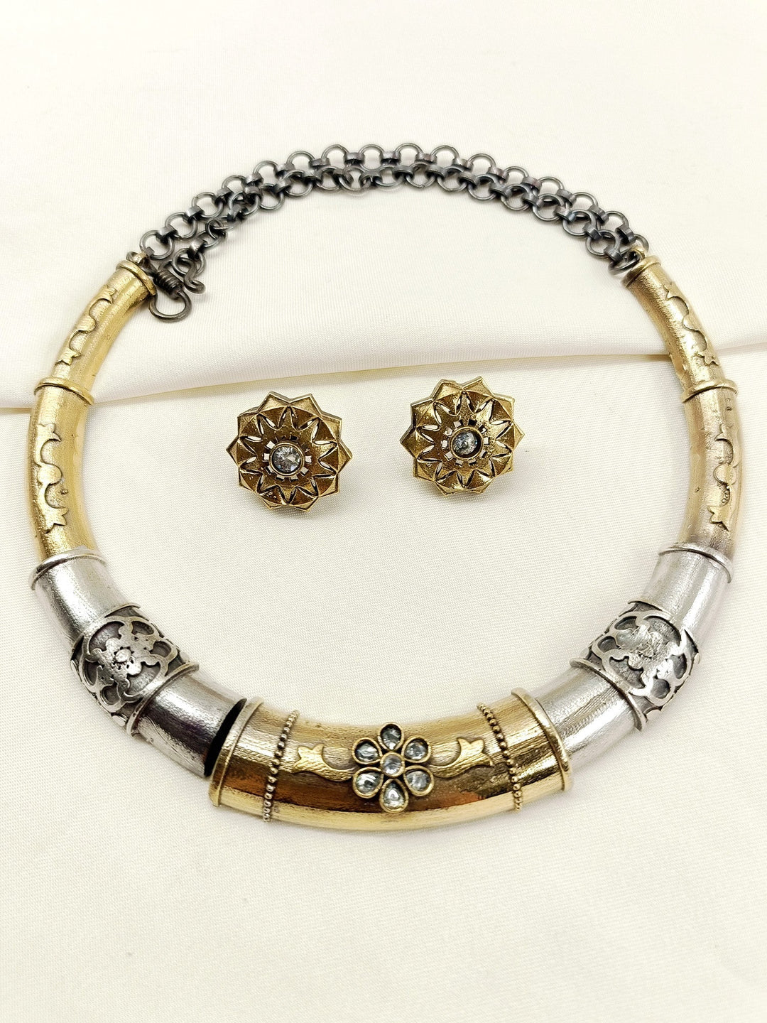Saarika White Oxidized Hasli Styled Choker Set - Jewellery