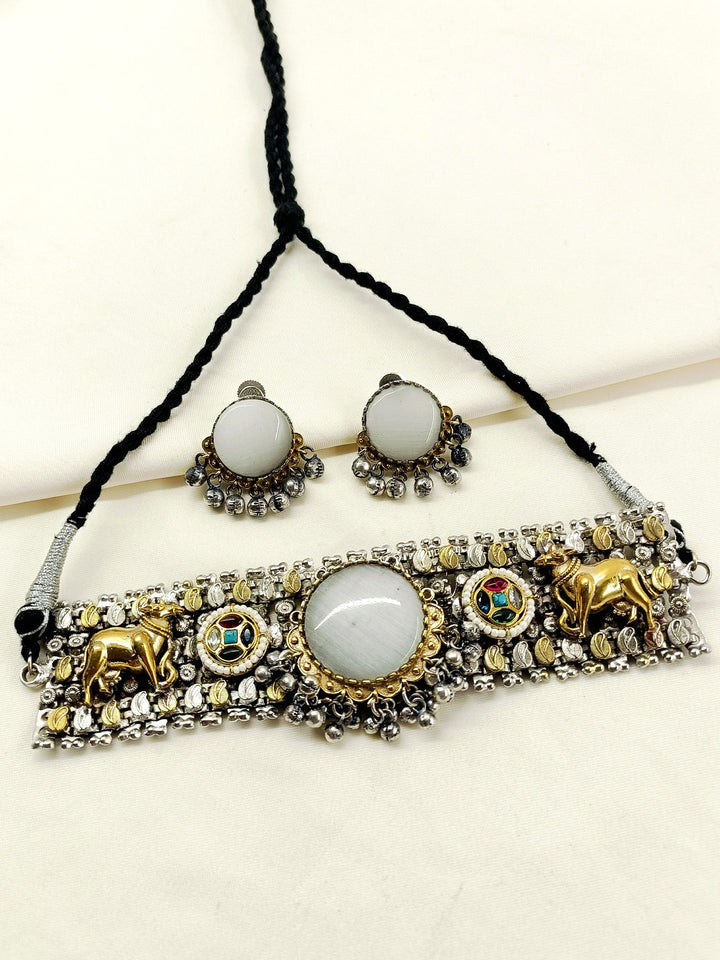 Rinkal Multi Colour Oxidized Choker Set - Silver Gold