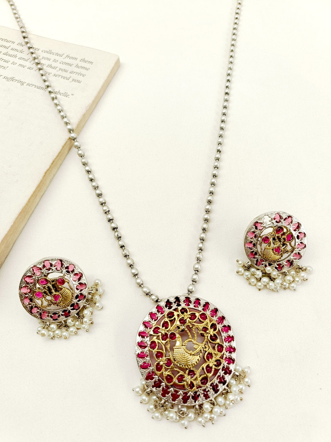 Ruhina Maroon Oxidized Pendant Set