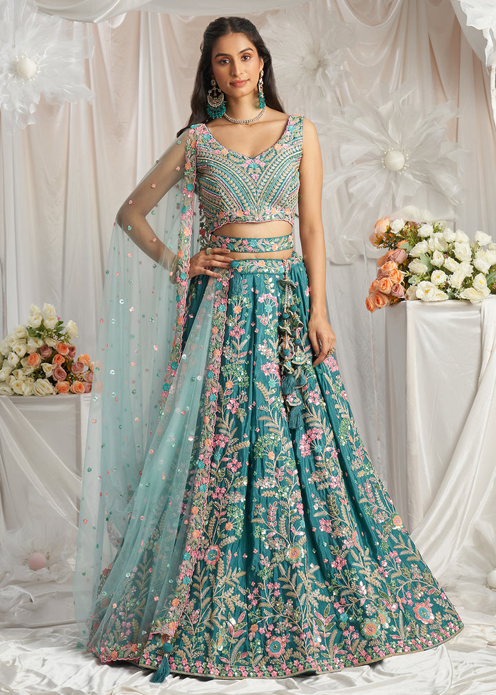 Teal Green Georgette Lehenga Choli Adorned with Sequins Embroidery