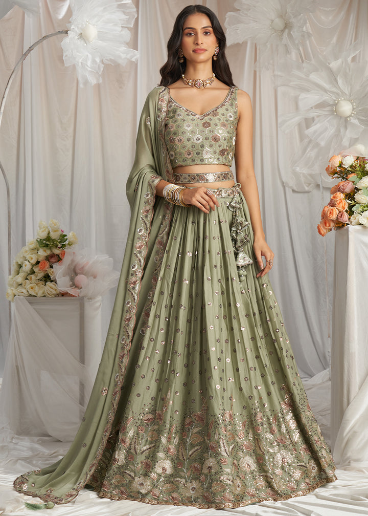 Clover Green Georgette Lehenga Choli Adorned with Sequins Work