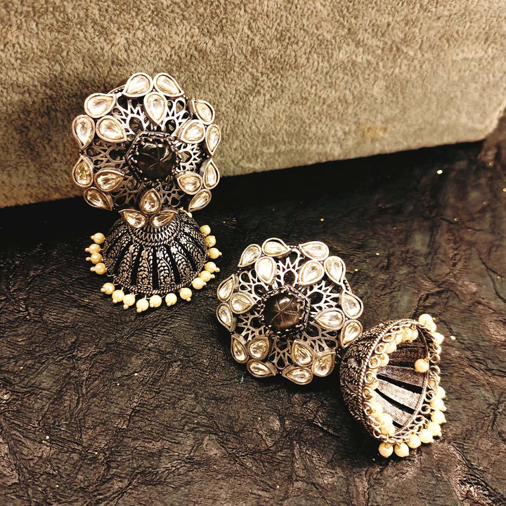 Meenal Charcoal Stone Silver Plated Boutique Jhumki