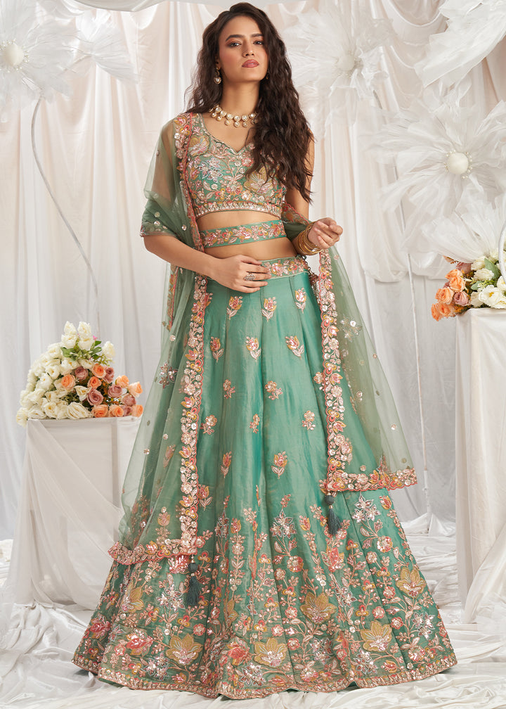 Apple Green organza Lehenga Choli Adorned with Sequins Embroidery Work