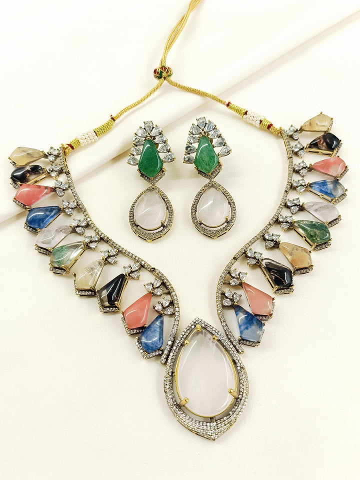 Aatreya Multicolor Victorian Raw Stone Necklace Set