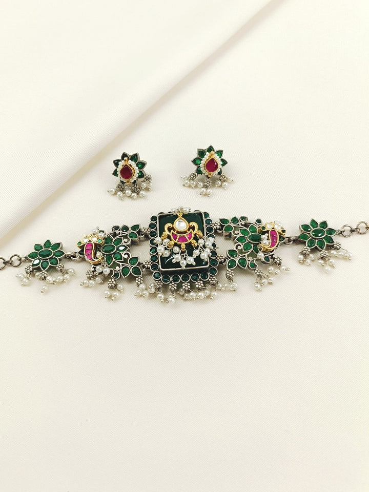 Ahalya Green Oxidized Choker Set