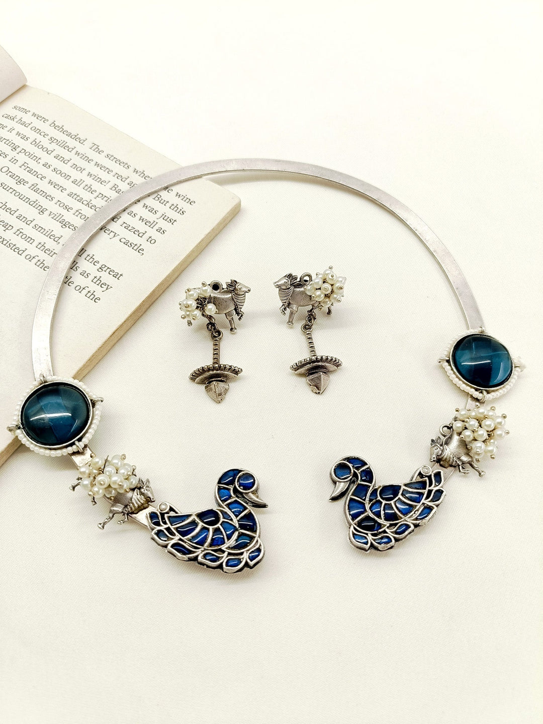 Shumaila Blue Peacock Oxidized Hasli Style Necklace Set