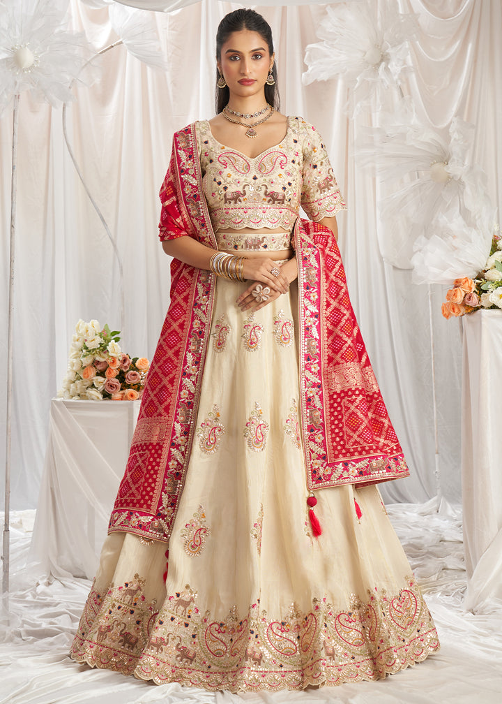 Cream White & Pink Tissue Lehenga Choli Intricate with Gotapatti Embroidery Work