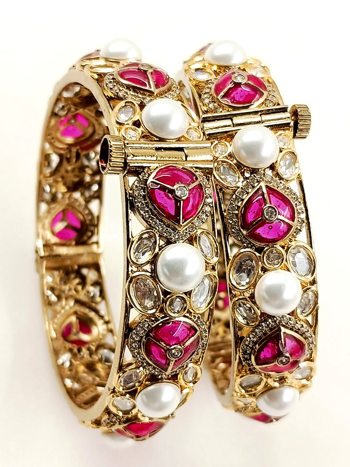 Dariya Ruby Kundan Bangles - Antique Gold Plated Bangle