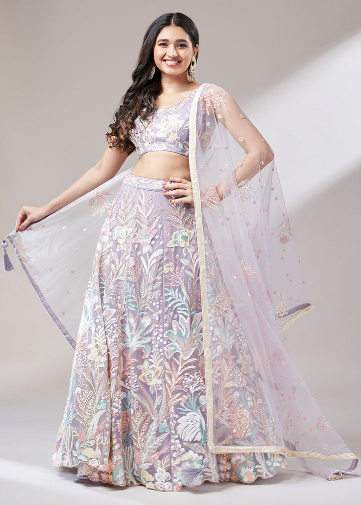 Thistle Purple Net Lehenga Choli Adorned with Thread Embroidery and Sequins