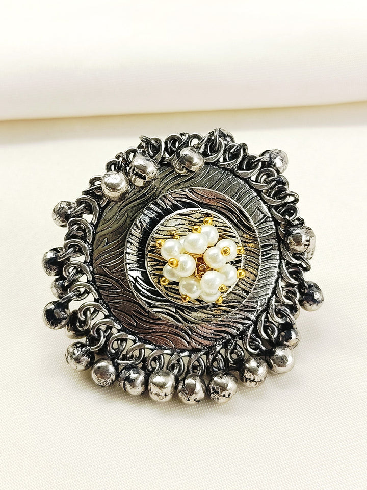Nabhya White Pearl Oxidized Finger Ring