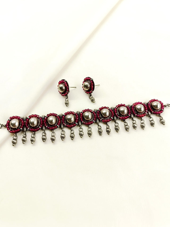 Adrika Ruby Oxidized Choker Set - Silver Plating Necklace