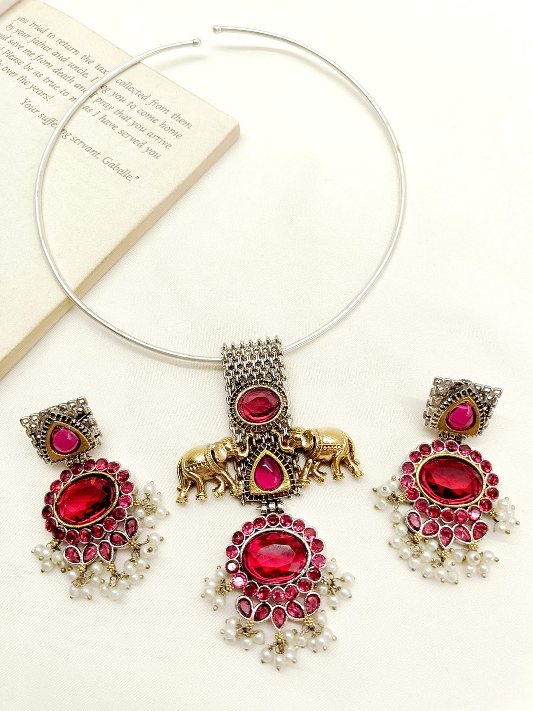 Dinal Maroon Elephant Oxidized Hasli Style Necklace Set