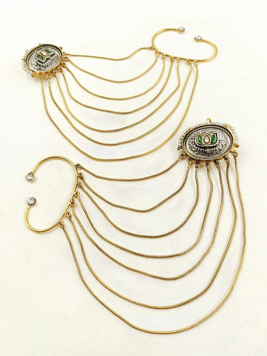 Rashida Green Lotus Dual Tone Ear Chain with Cuff
