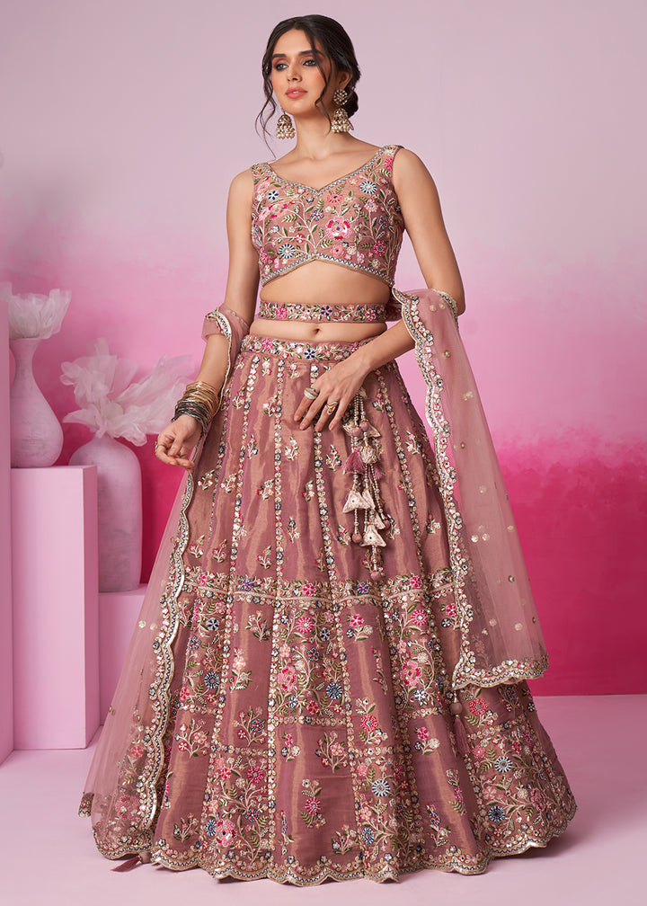 Wild Orchid Pink Net Lehenga Choli Adorned with Moti & Sequins Embroidery Work