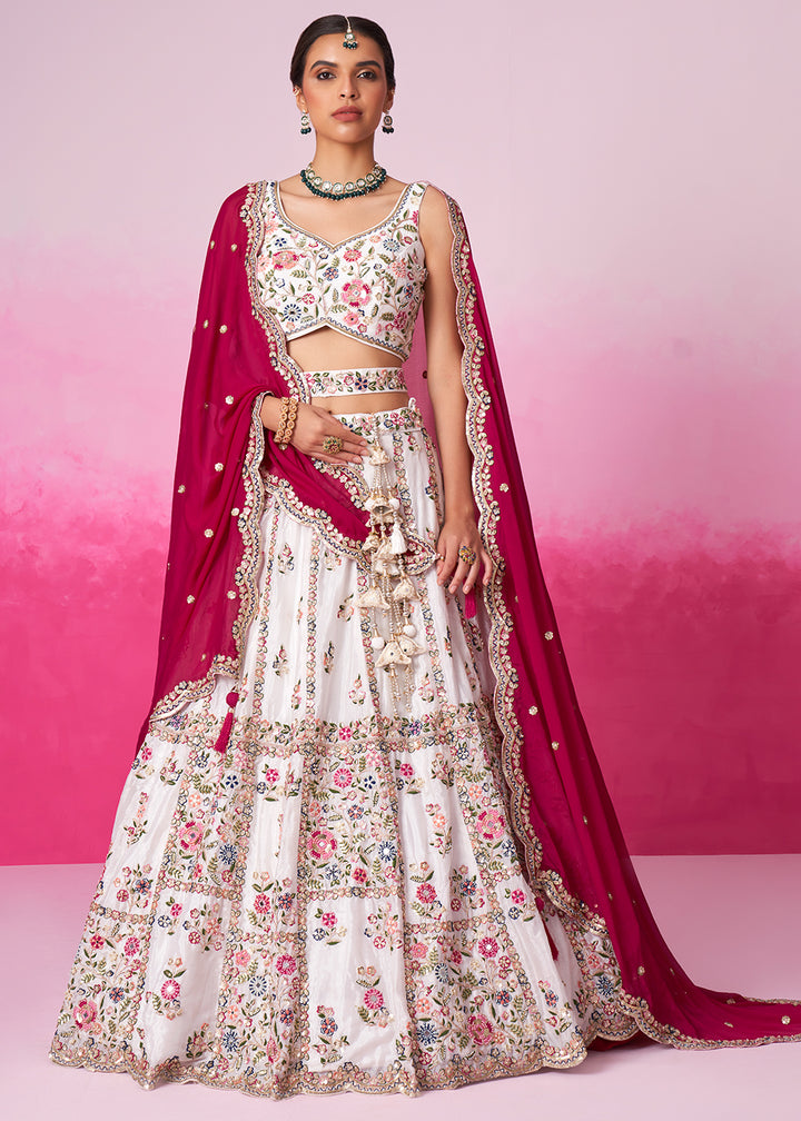 Pearl White Georgette Lehenga Choli Adorned with Moti & Sequins Embroidery Work