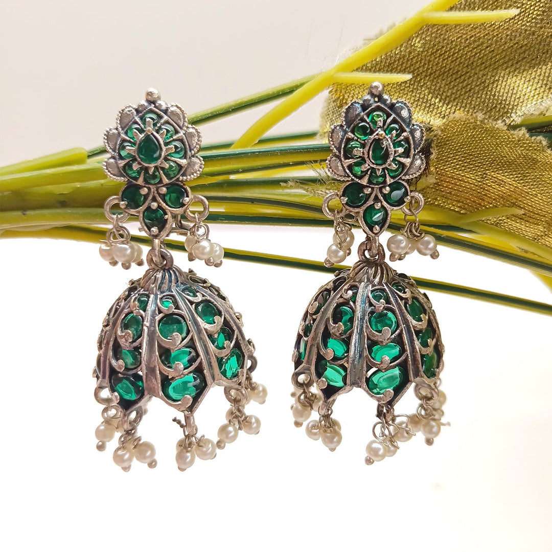 Surveen Silver Oxidised Green Jhumki