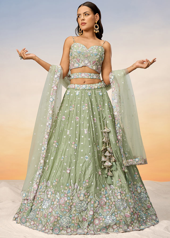 Lime Green Chiffon Lehenga Choli Adorned with Sequins & Thread Embroidery