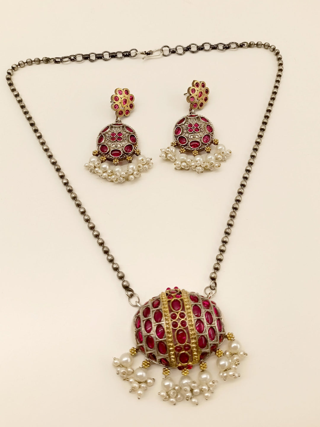 Sayoli Rose Pink Oxidized Pendant Set