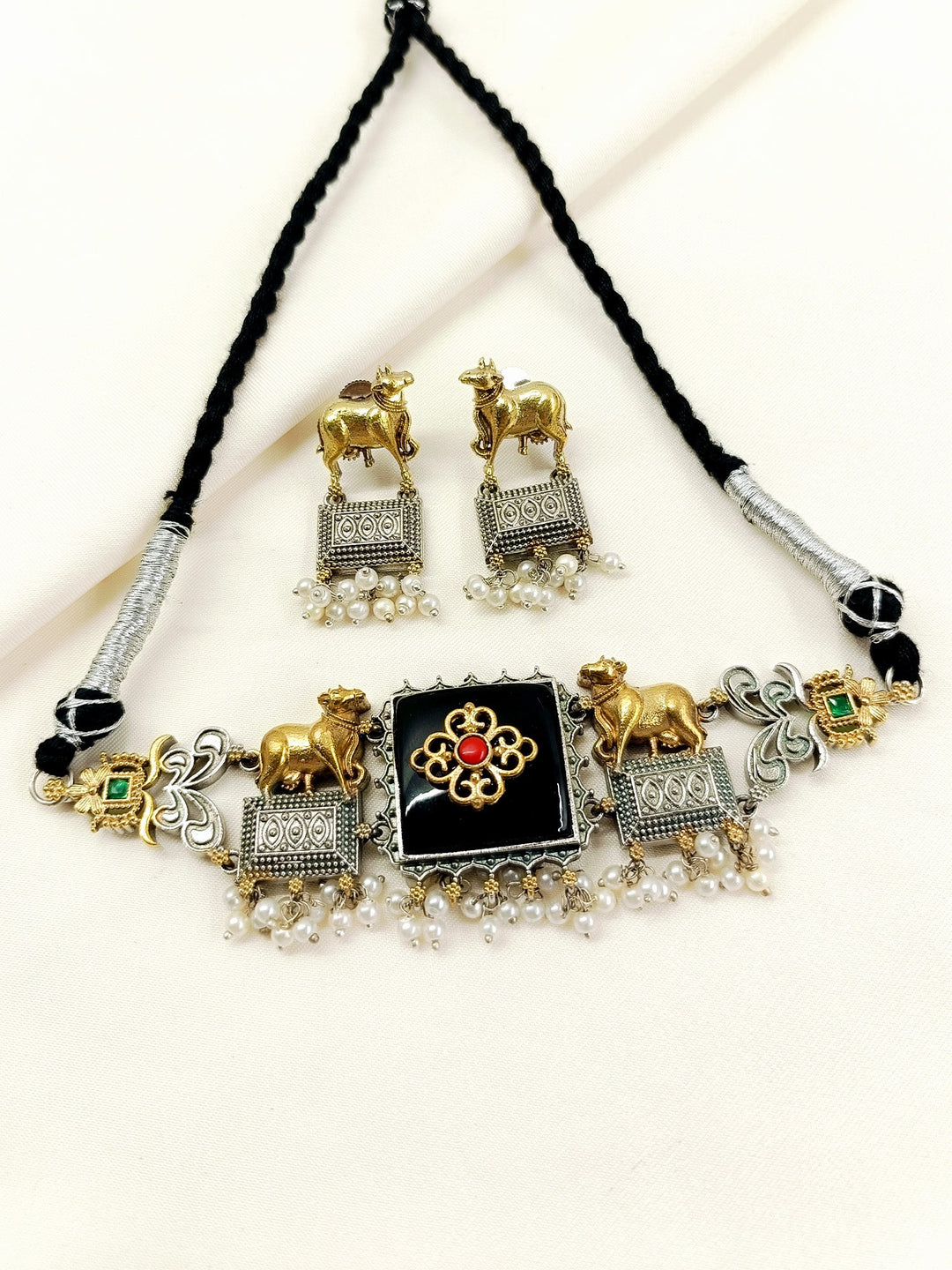 Jharna Black Oxidized Pichwai Nandi Choker Set