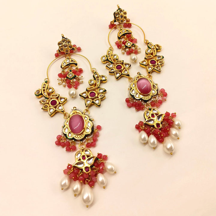 Pragti Long Kundan Earrings With Pink Stone