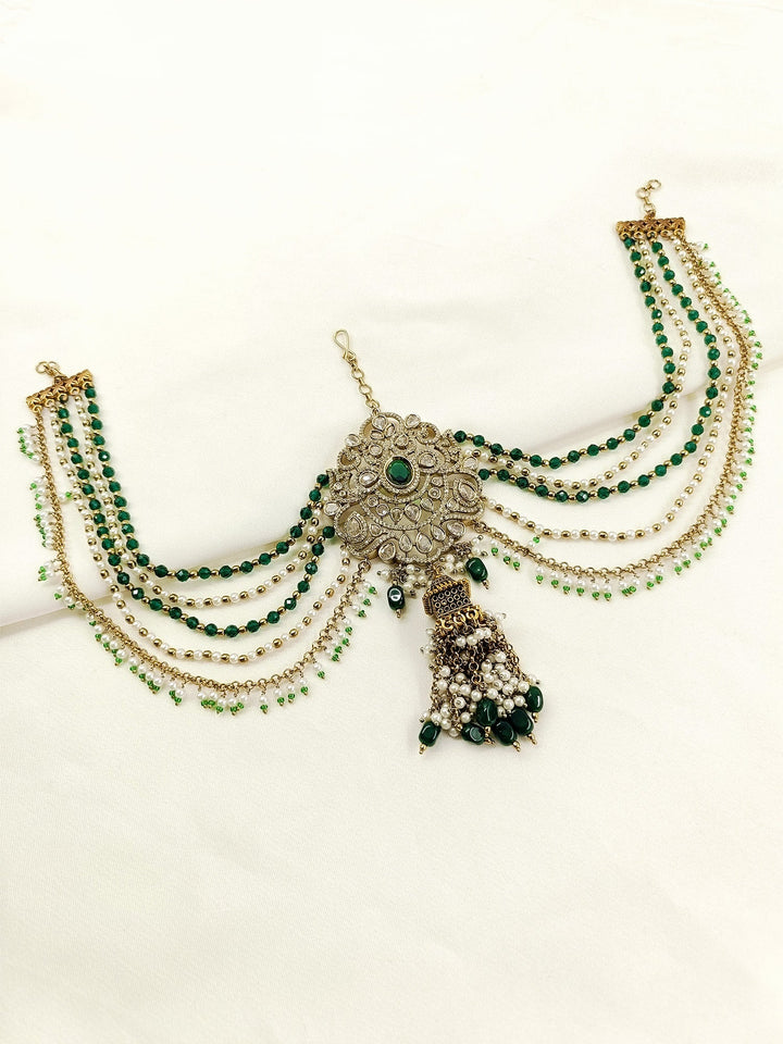 Chanchal Green Hair Brooch - Antique Gold Plating Wedding