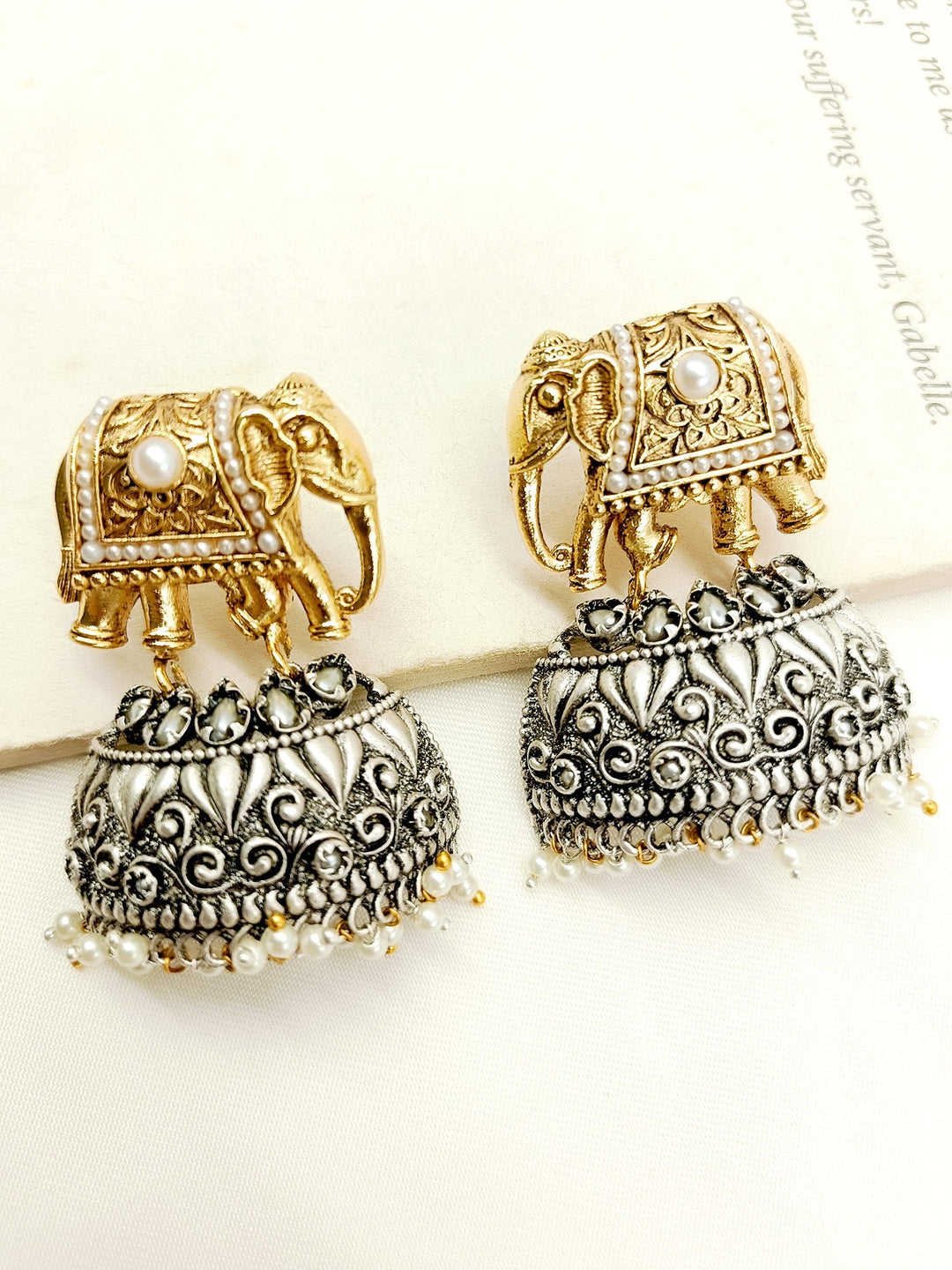 Urmi White Elephant Oxidized Earrings