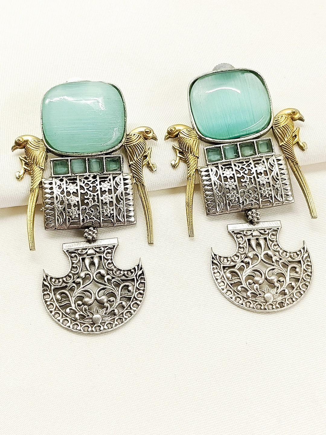 Fardeen Mint Green Oxidized Earring - Brass Dangler