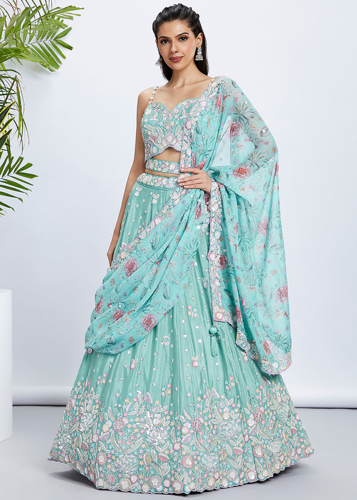 Light Sea Green Silk Chiffon Lehenga Choli Adorned with Sequins & Thread Embroidery