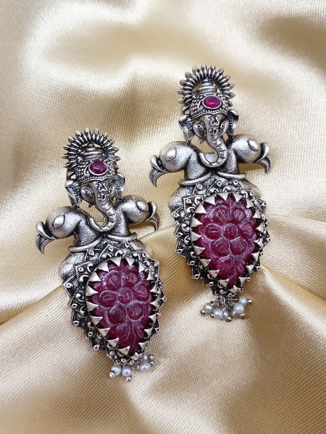 Jessie Ganesha Earrings With Maroon Carved Stone